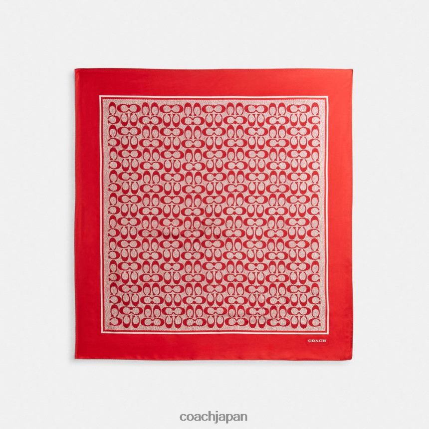 Coach 女性 ヴィンテージ シグネチャー プリント シルク スクエア スカーフ スポーツレッド TZL402545