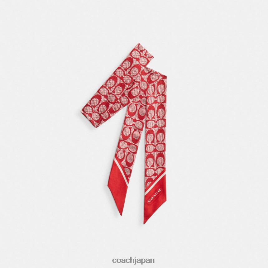 Coach 女性 ヴィンテージ シグネチャー プリント シルク スキニー スカーフ スポーツレッド TZL402546