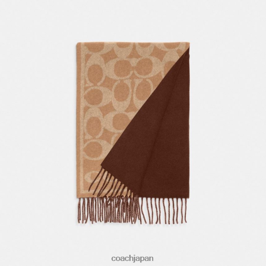 Coach 女性 リバーシブル シグネチャー カシミア マフラー キャメル TZL402553